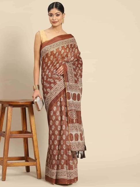 silk land brown printed saree with unstitched blouse