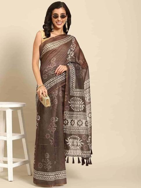 silk land brown printed saree with unstitched blouse