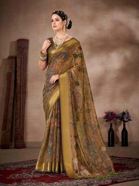 silk land brown printed saree with unstitched blouse