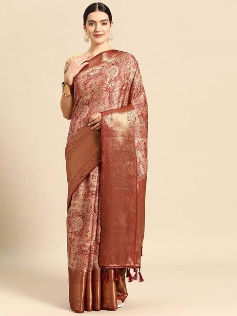 silk land brown silk printed saree with unstitched blouse