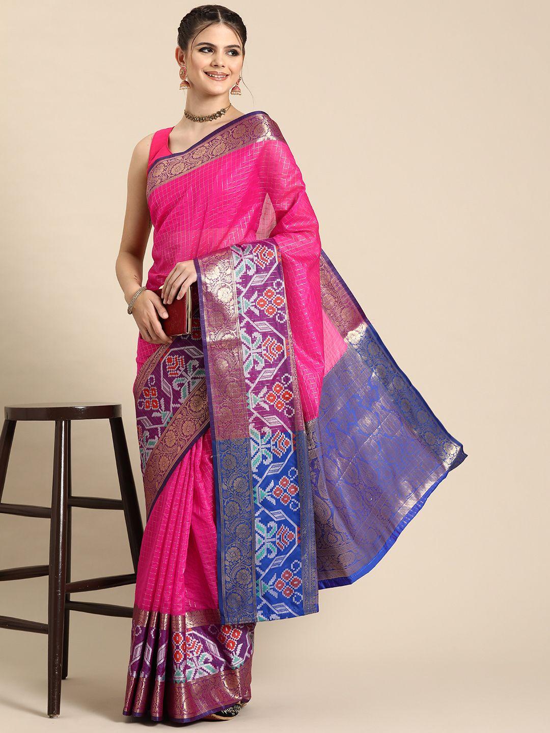 silk land checked zari banarasi saree