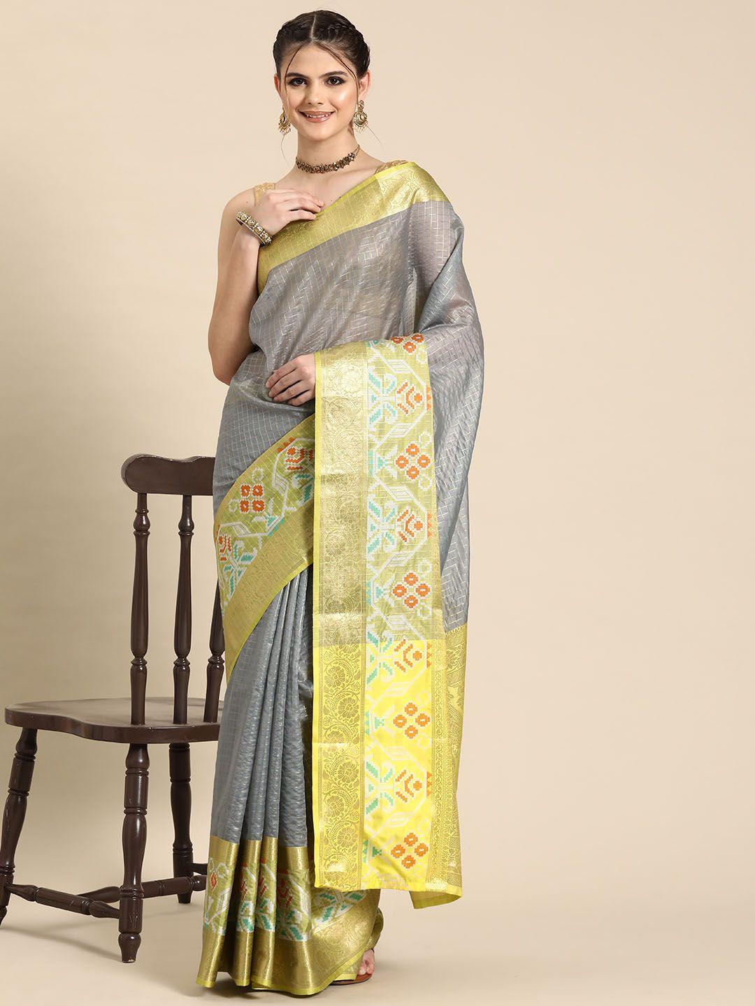 silk land checked zari banarasi saree