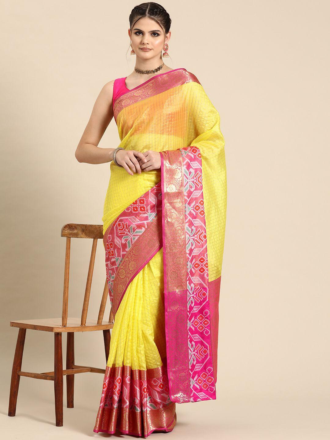 silk land checked zari banarasi saree