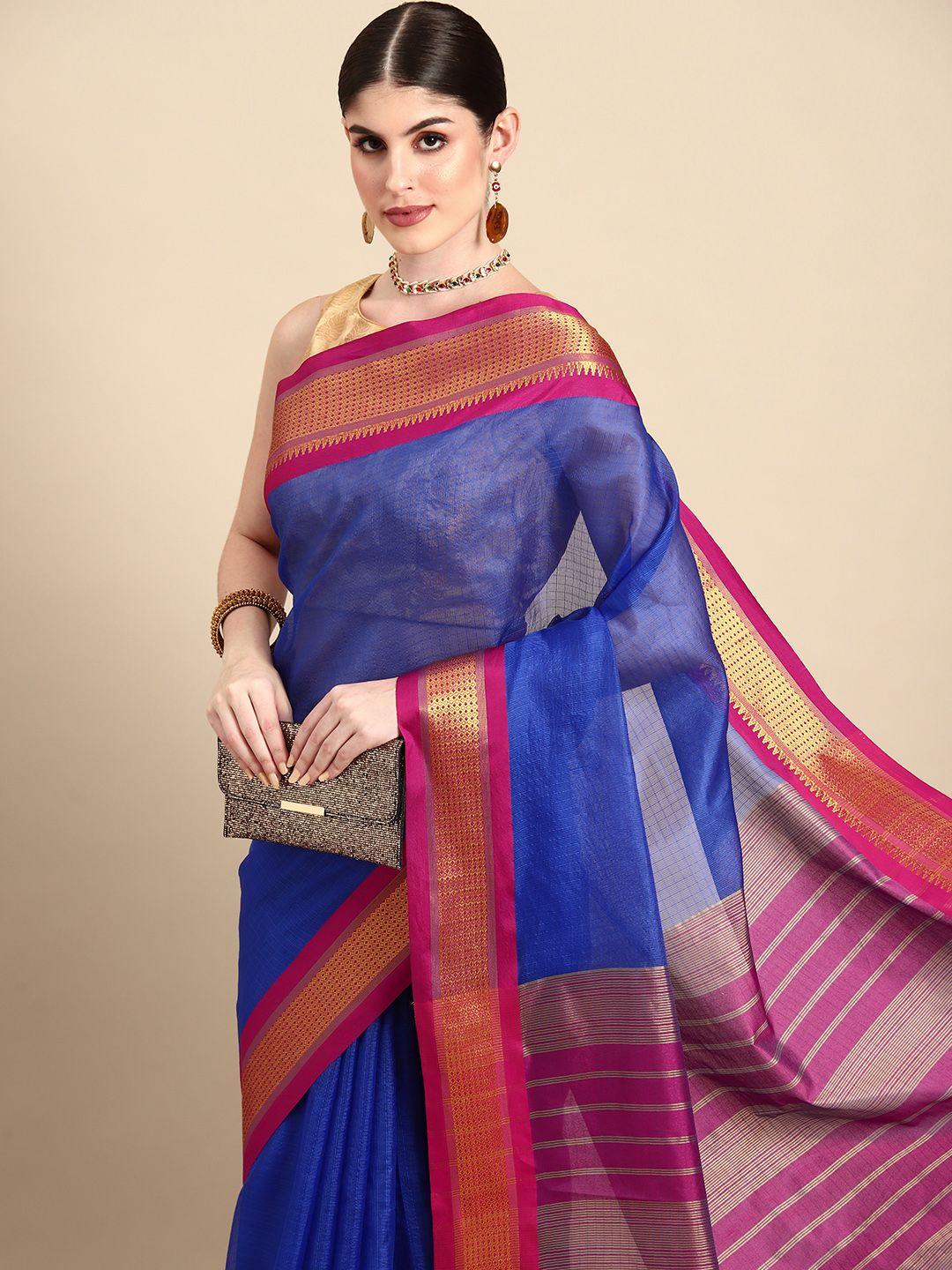 silk land checked zari muga saree