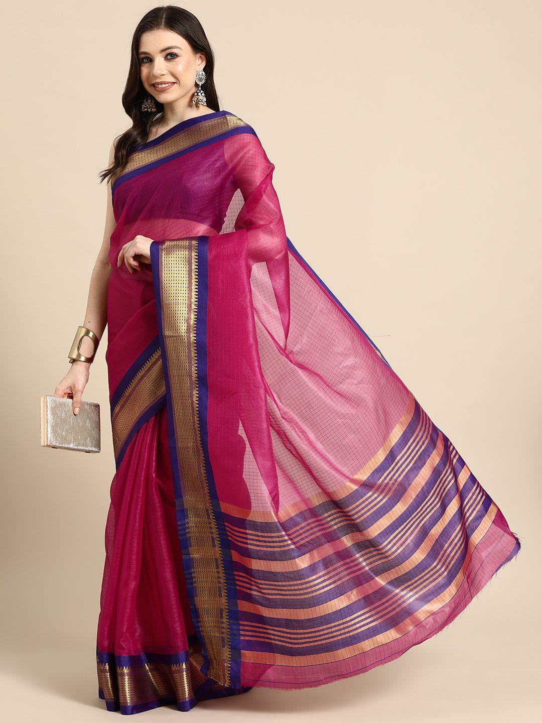 silk land checked zari silk blend muga saree