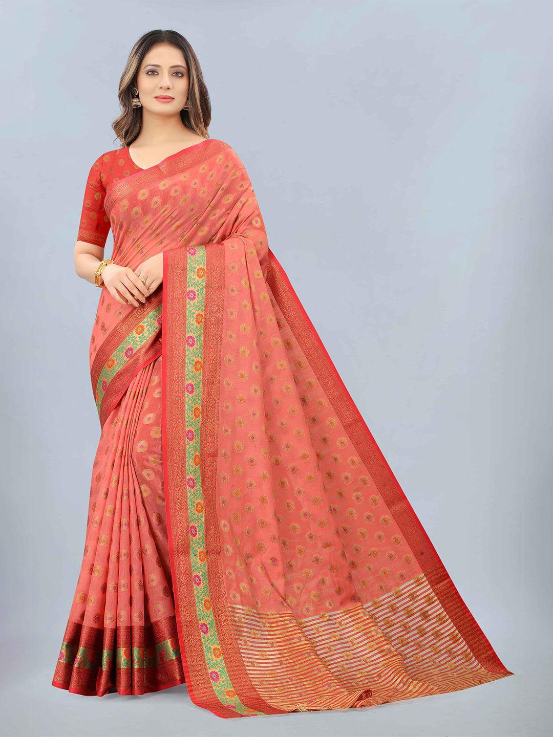 silk land coral & gold-toned ethnic motifs zari pure cotton chanderi saree