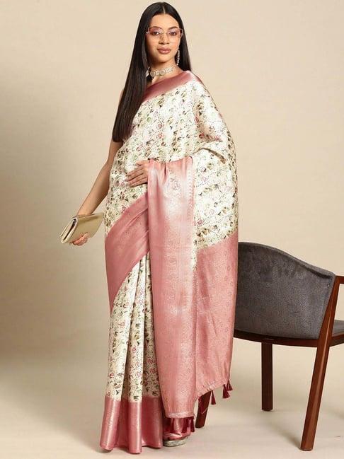 silk land cream & baby pink woven saree with unstitched blouse