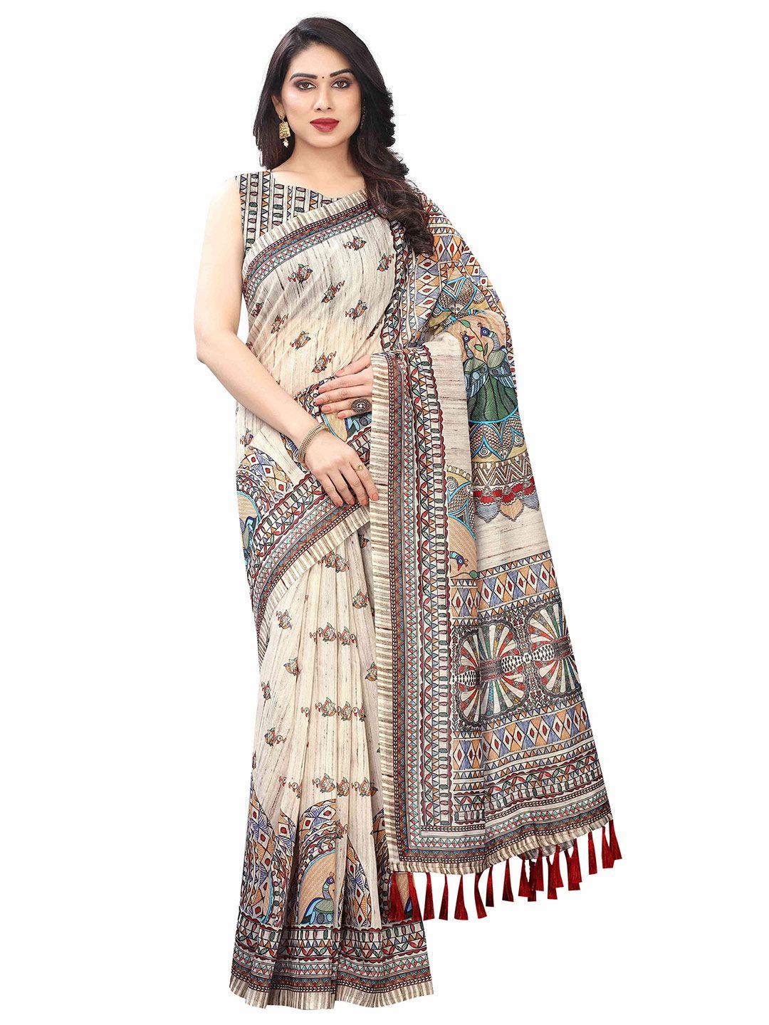 silk land cream-coloured & blue kalamkari pure cotton ikat saree