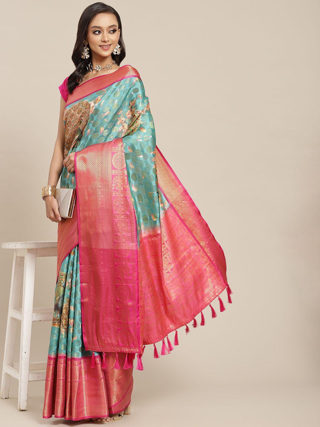 silk land cream-coloured & pink ethnic motifs zari art silk banarasi saree