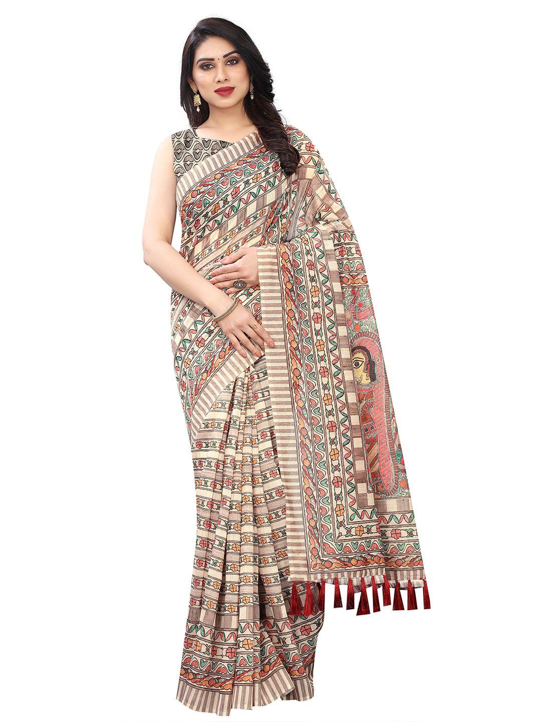 silk land cream-coloured & red kalamkari pure cotton fusion saree