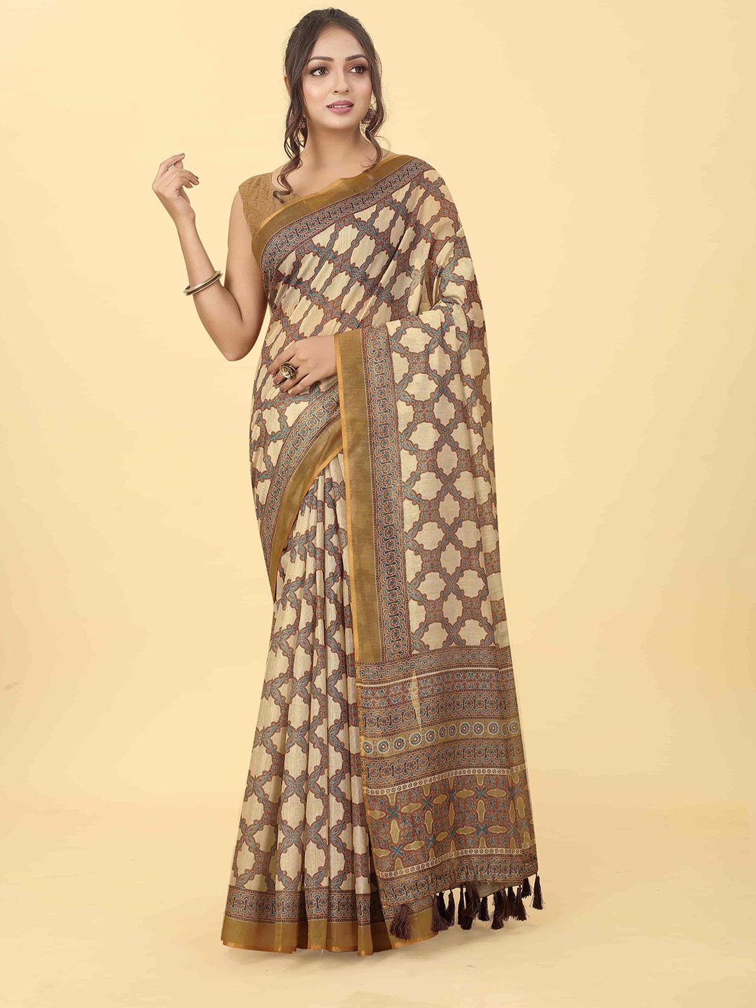 silk land ethnic motifs block print saree