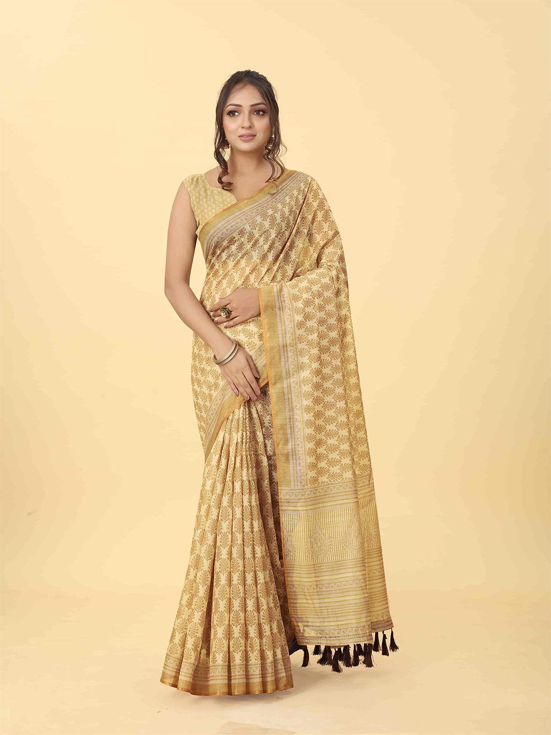 silk land ethnic motifs printed block print saree