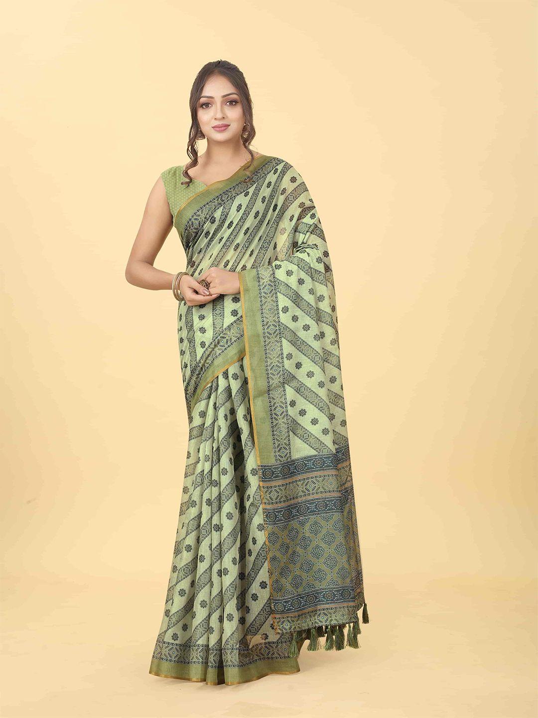 silk land ethnic motifs printed block print saree