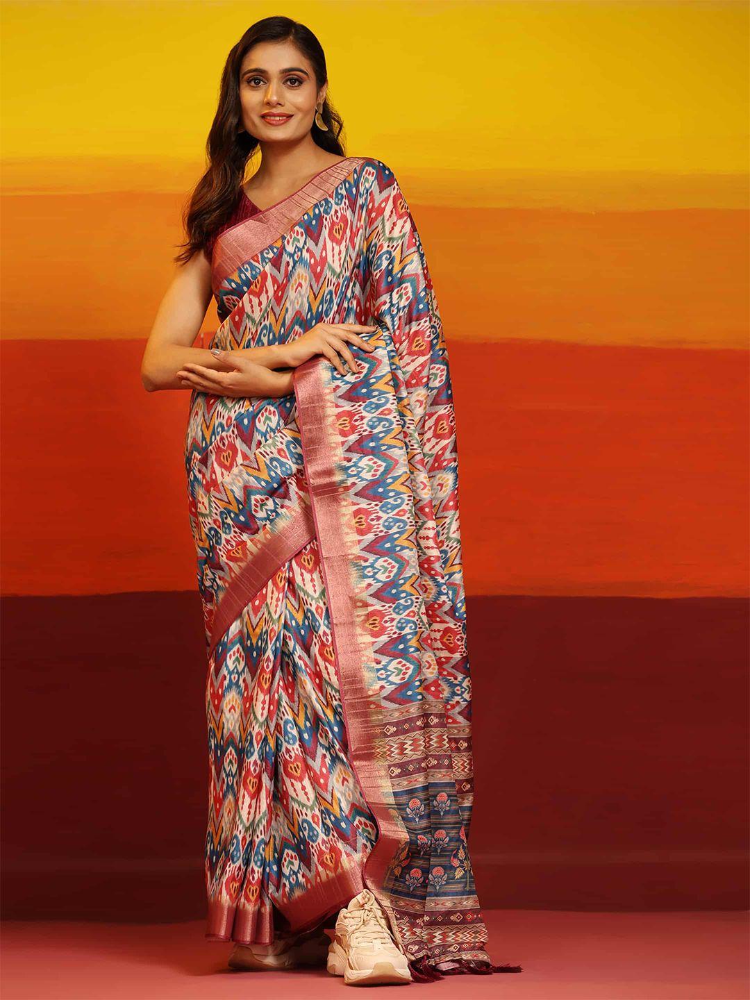 silk land ethnic motifs printed zari art silk banarasi saree