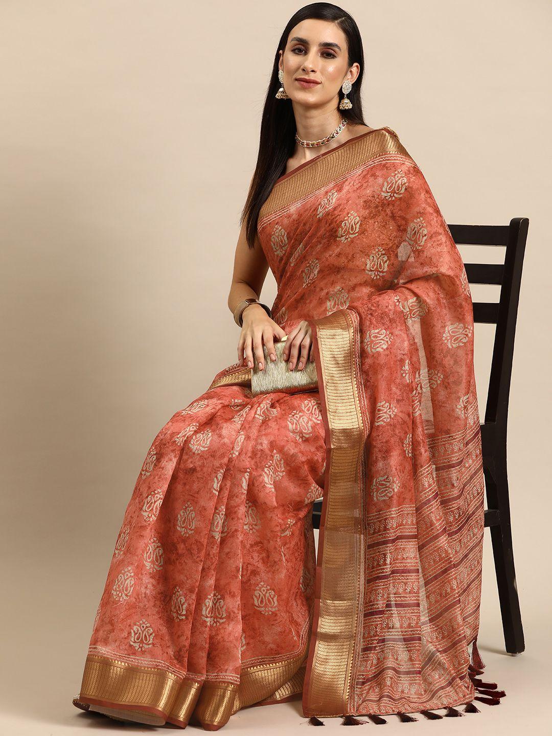 silk land ethnic motifs printed zari saree