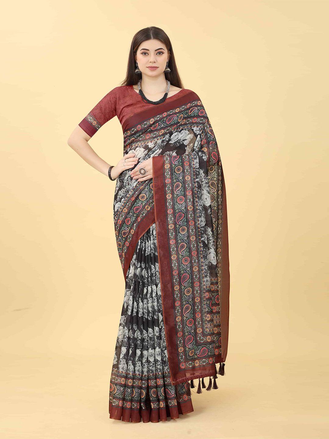 silk land floral digital printed chanderi saree with tassled border