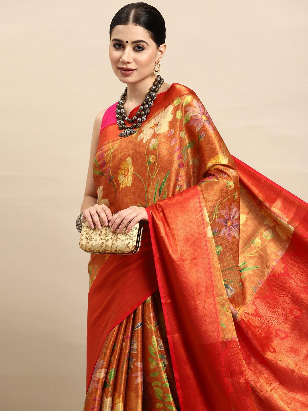 silk land floral printed & checked art silk kanjeevaram saree with tasselled detail