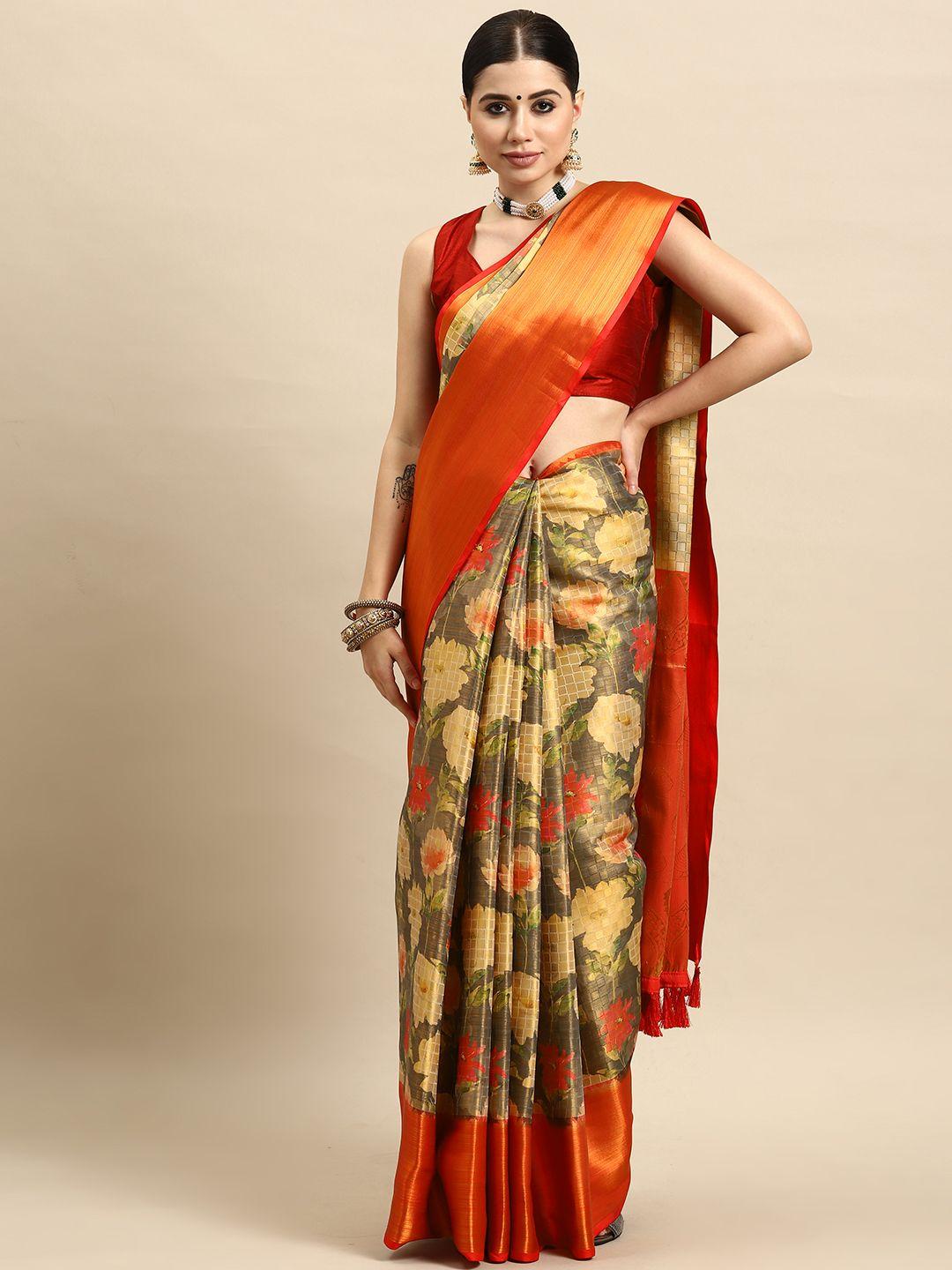 silk land floral printed art silk kanjeevaram saree with tasselled detail