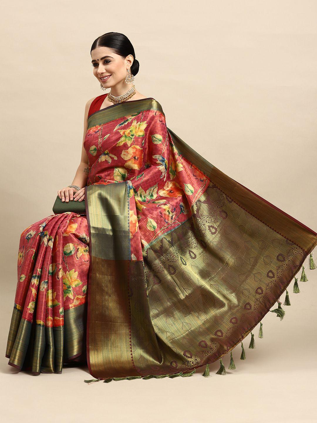 silk land floral printed art silk kanjeevaram saree