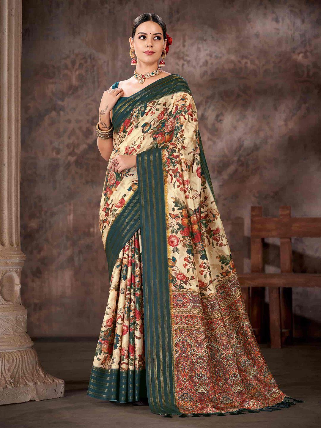 silk land floral printed zari art silk banarasi saree