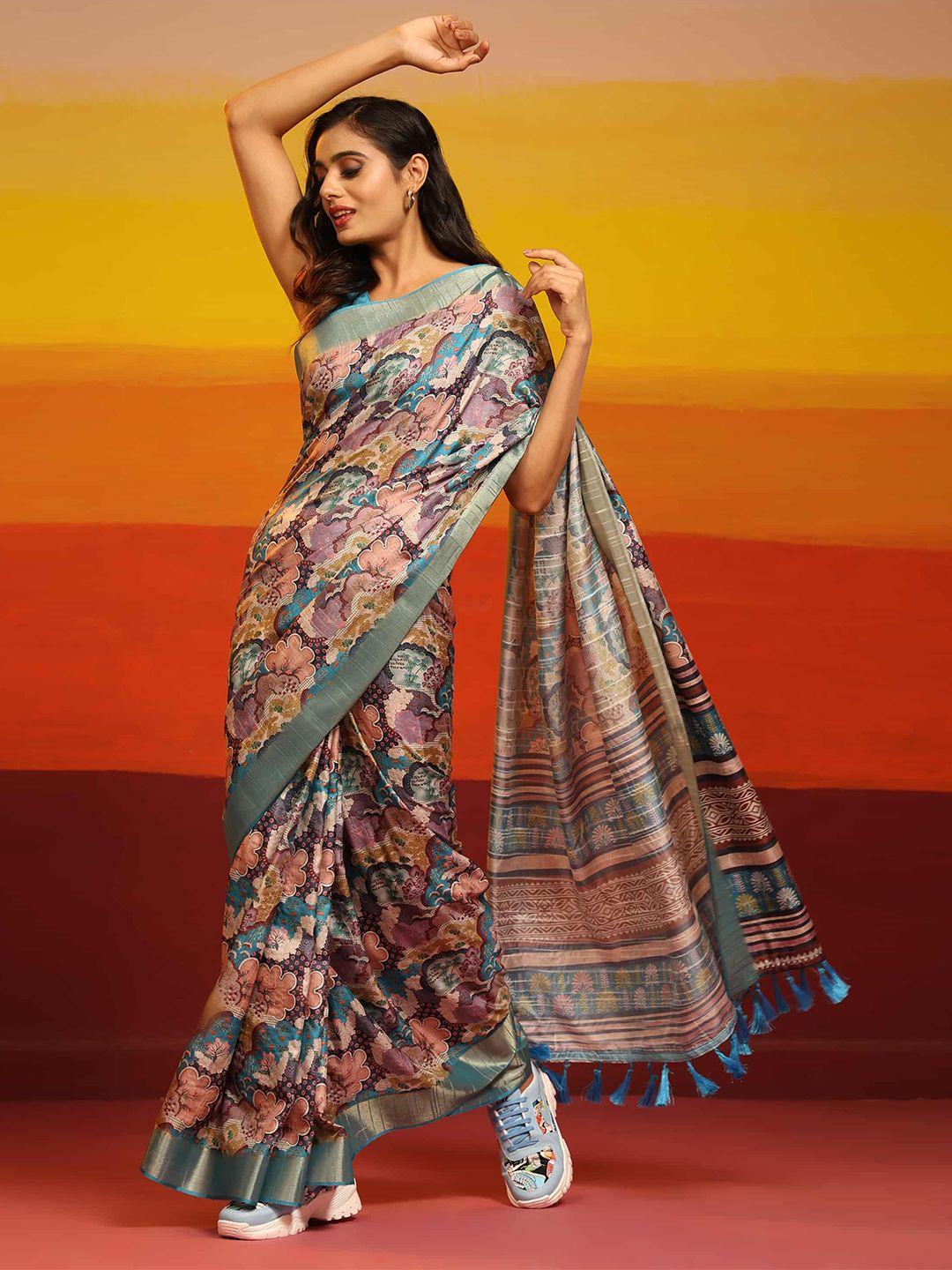 silk land floral printed zari art silk banarasi saree