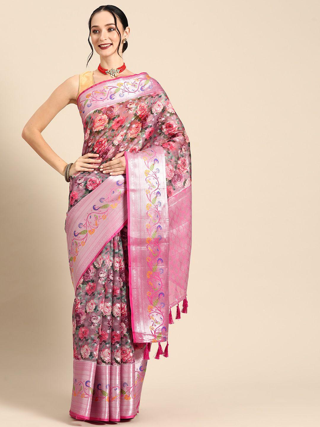 silk land floral printed zari banarasi saree