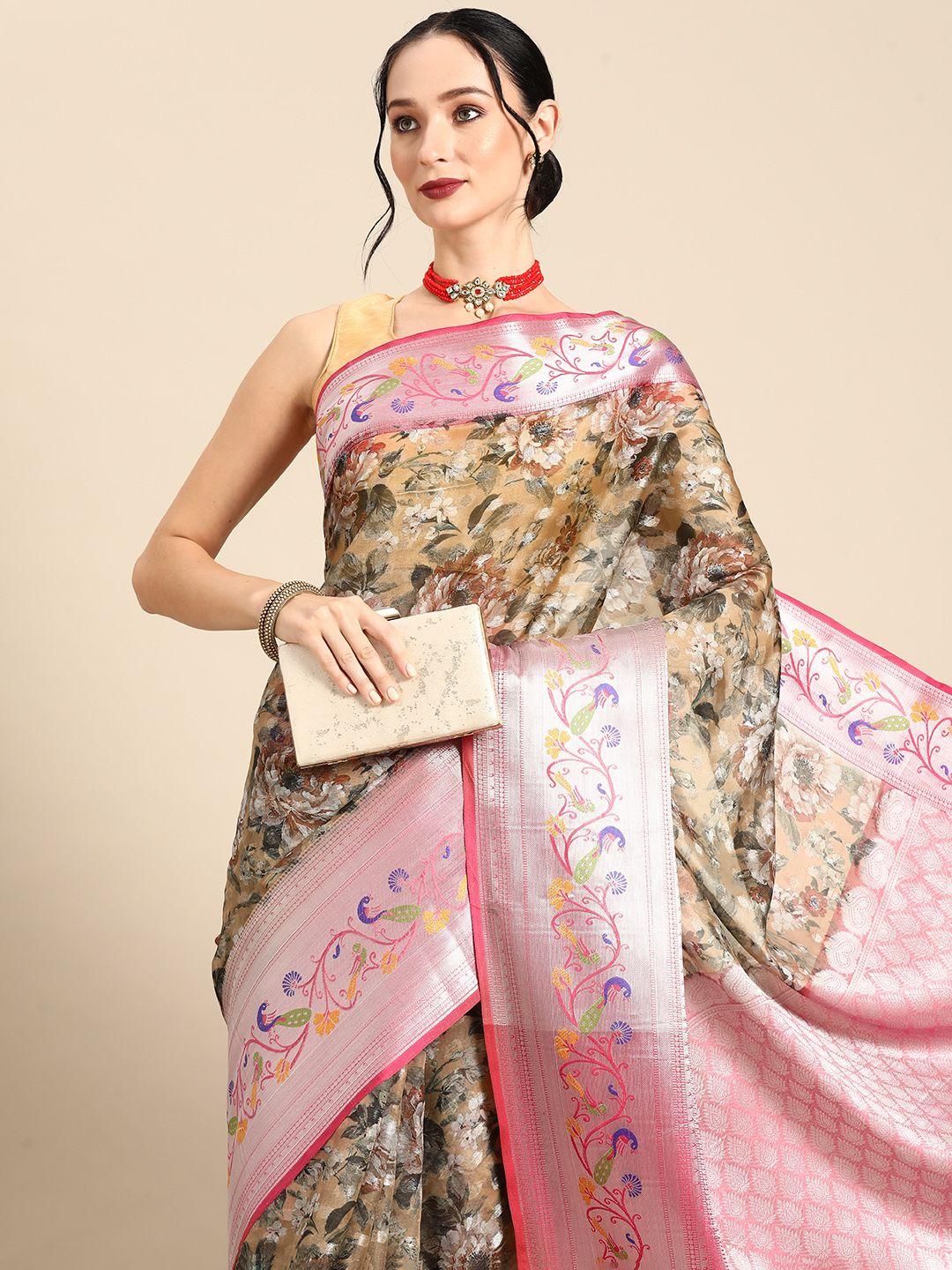 silk land floral printed zari banarasi saree