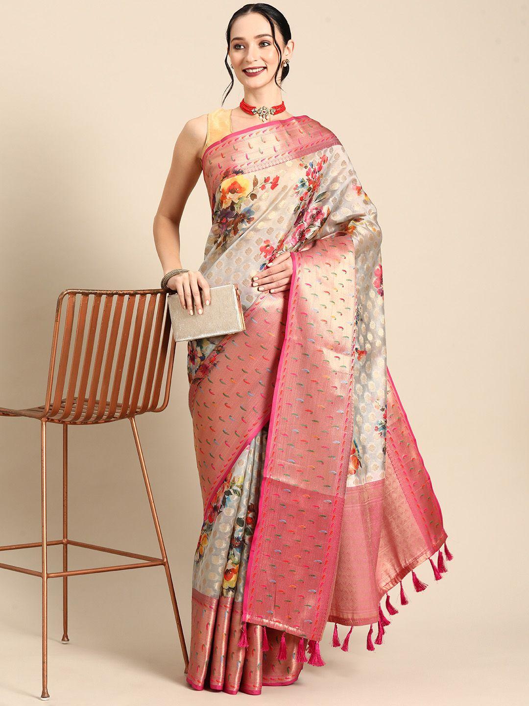 silk land floral printed zari banarasi saree