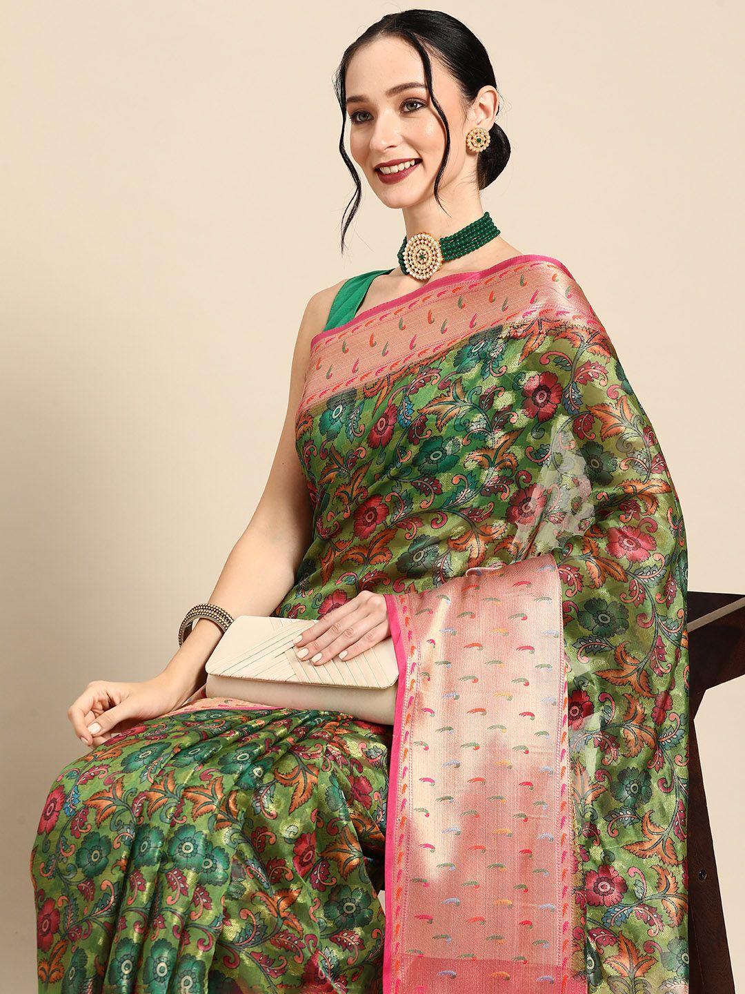 silk land floral printed zari banarasi saree