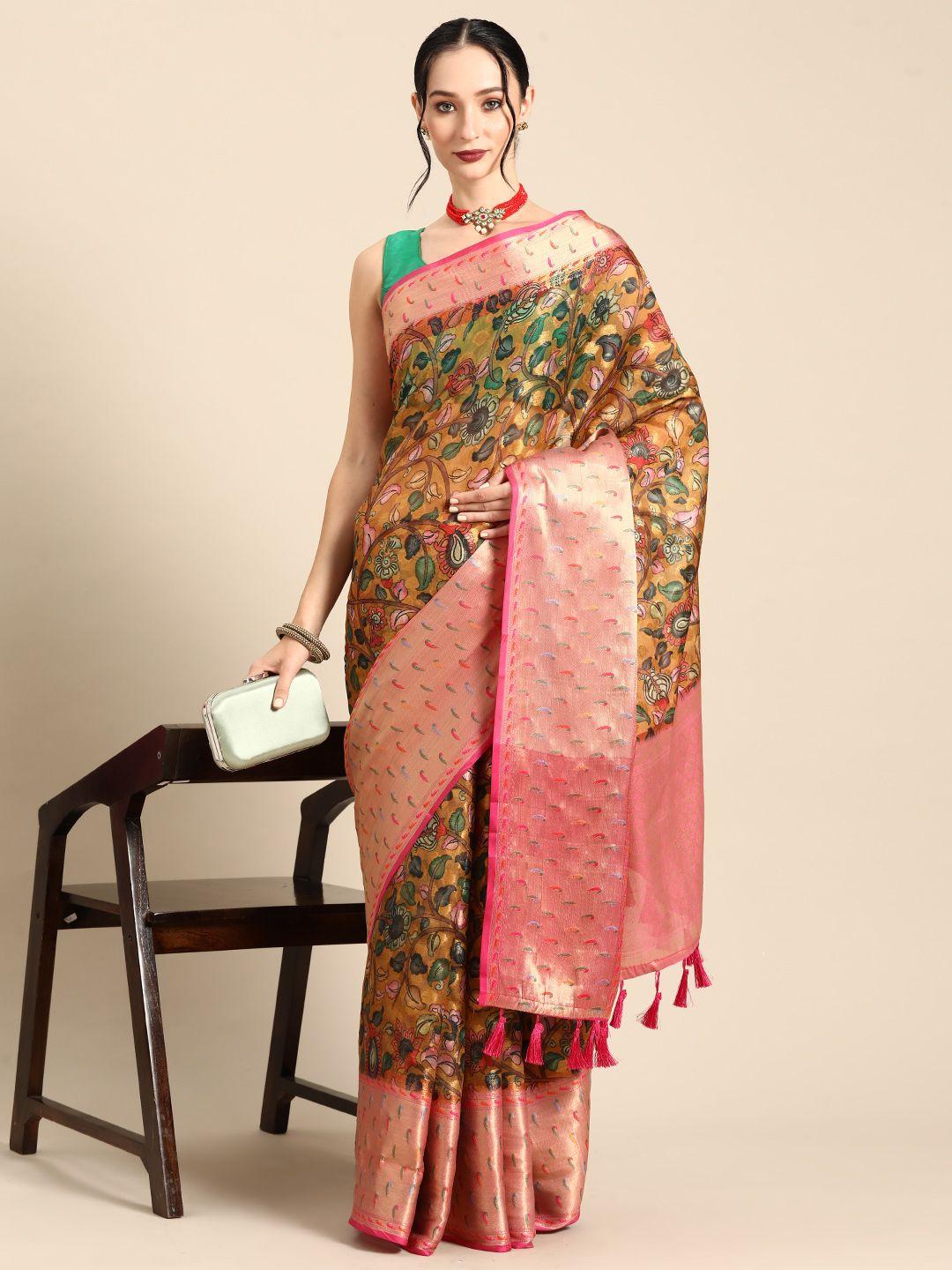 silk land floral printed zari banarasi saree