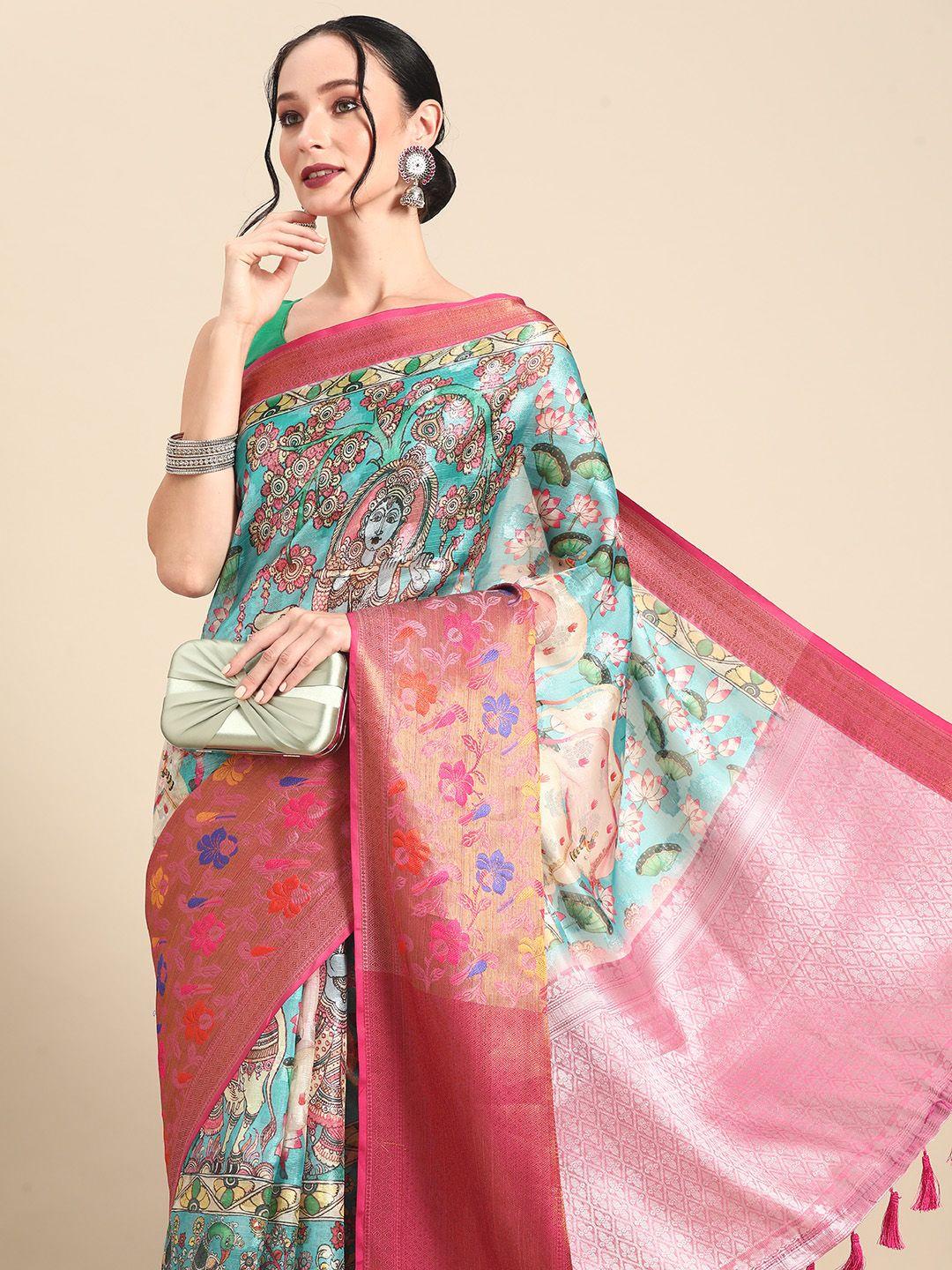 silk land floral printed zari banarasi saree