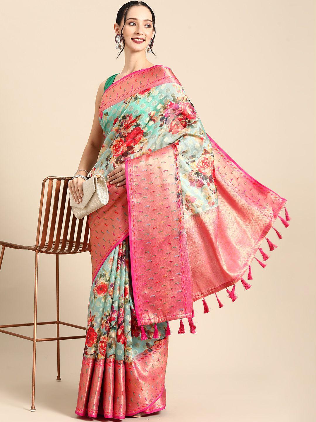 silk land floral printed zari banarasi saree