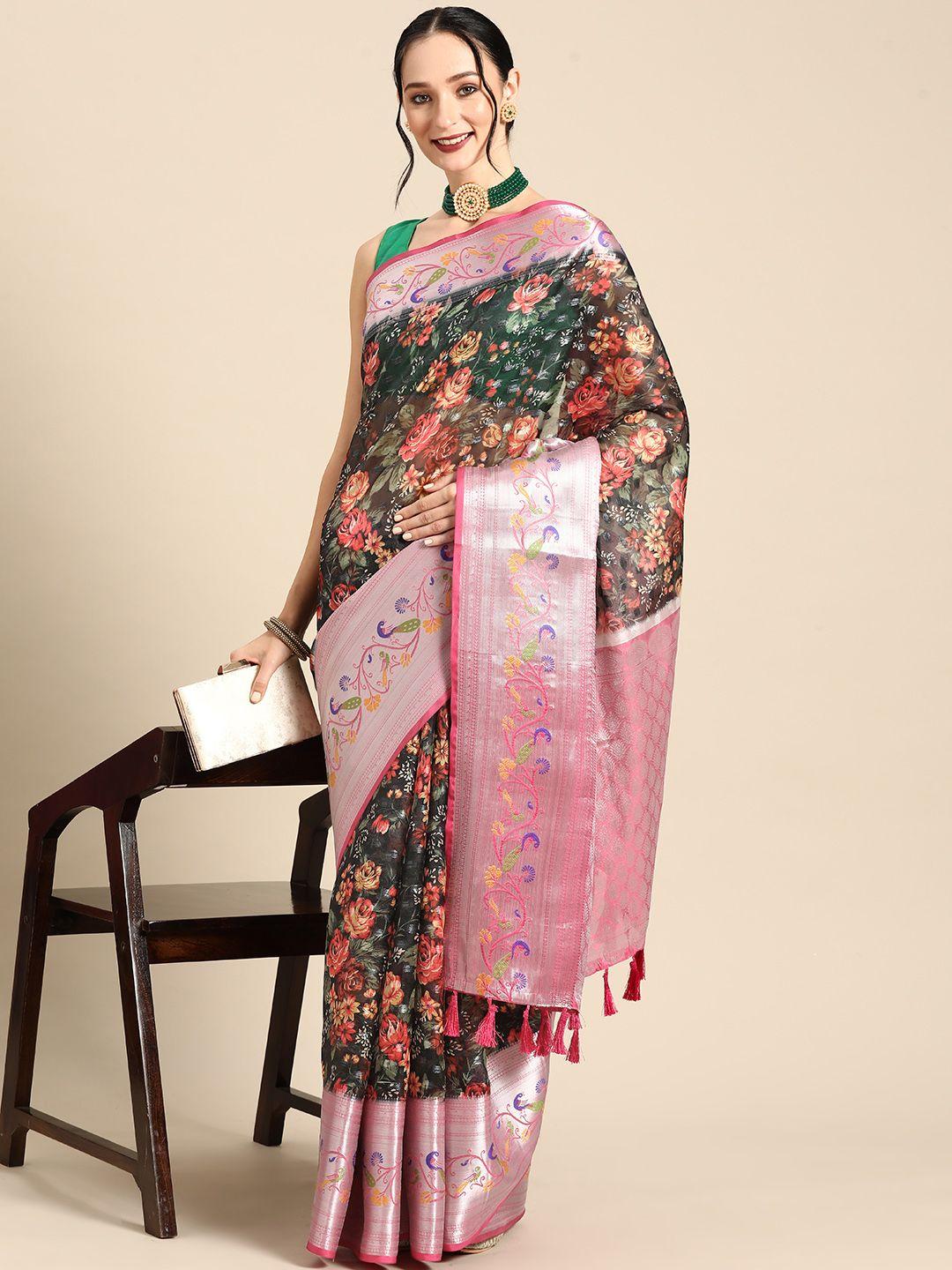 silk land floral printed zari banarasi saree