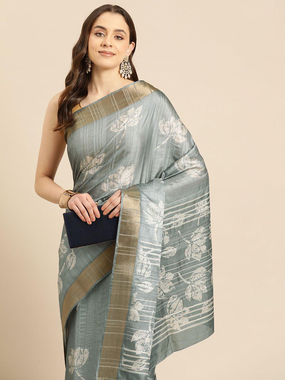 silk land floral printed zari block print saree