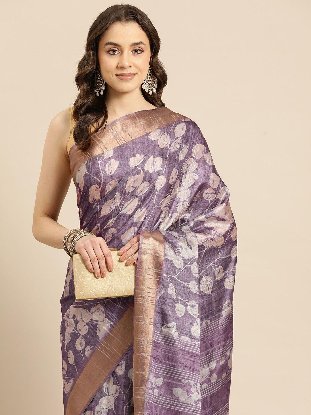 silk land floral printed zari block print saree