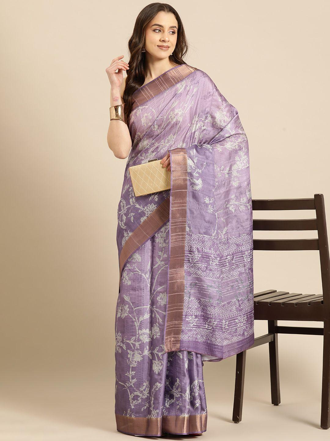 silk land floral printed zari block print saree