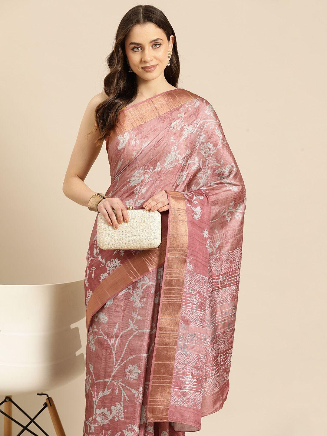 silk land floral printed zari block print saree