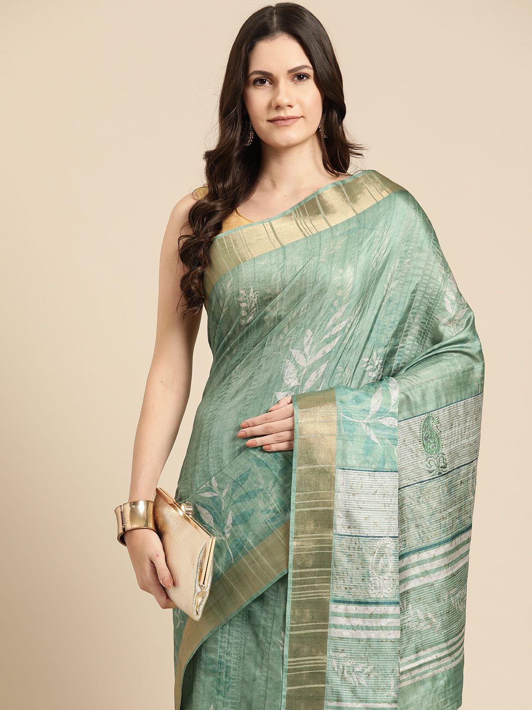 silk land floral printed zari block print saree