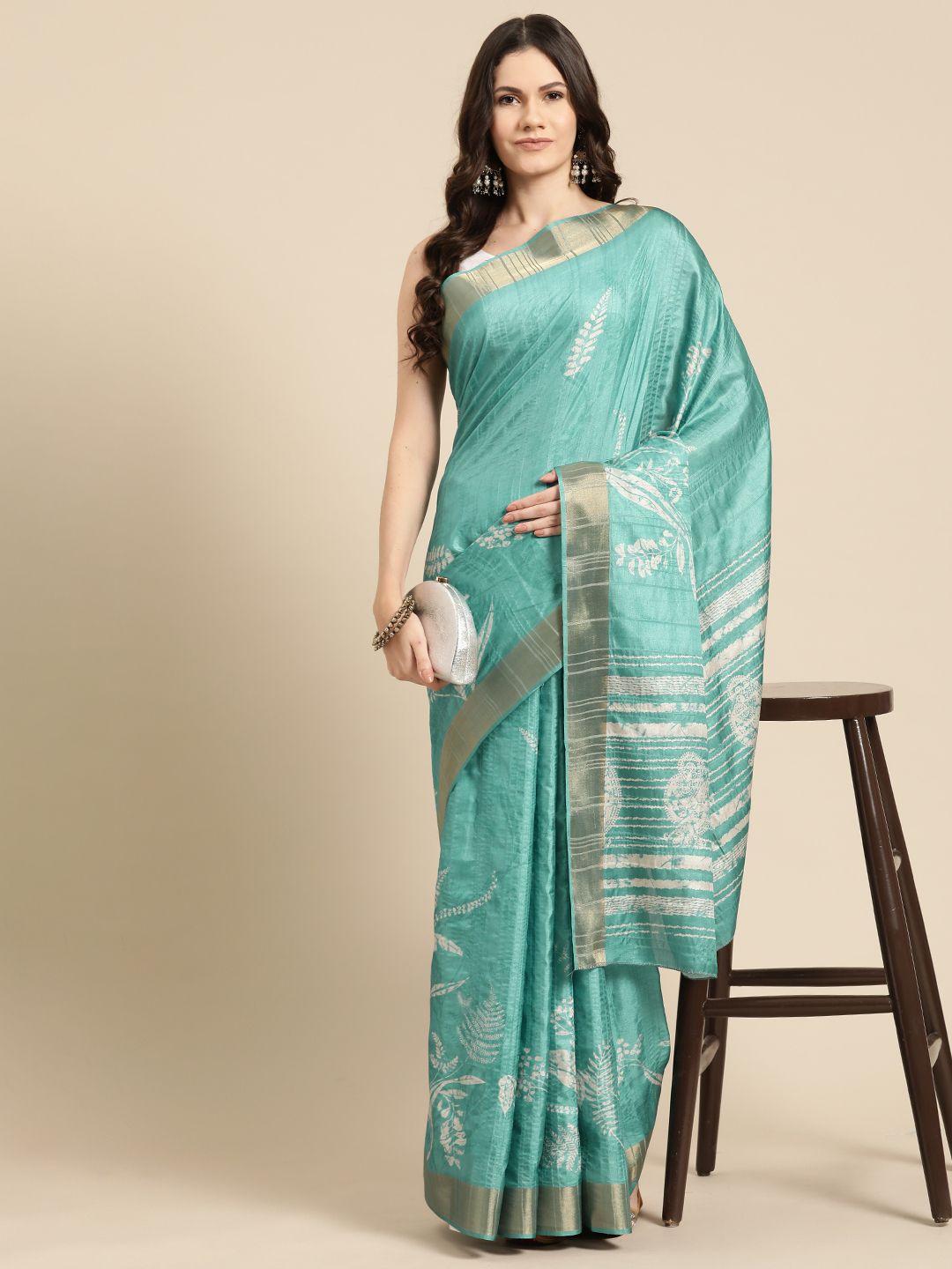 silk land floral printed zari block print saree