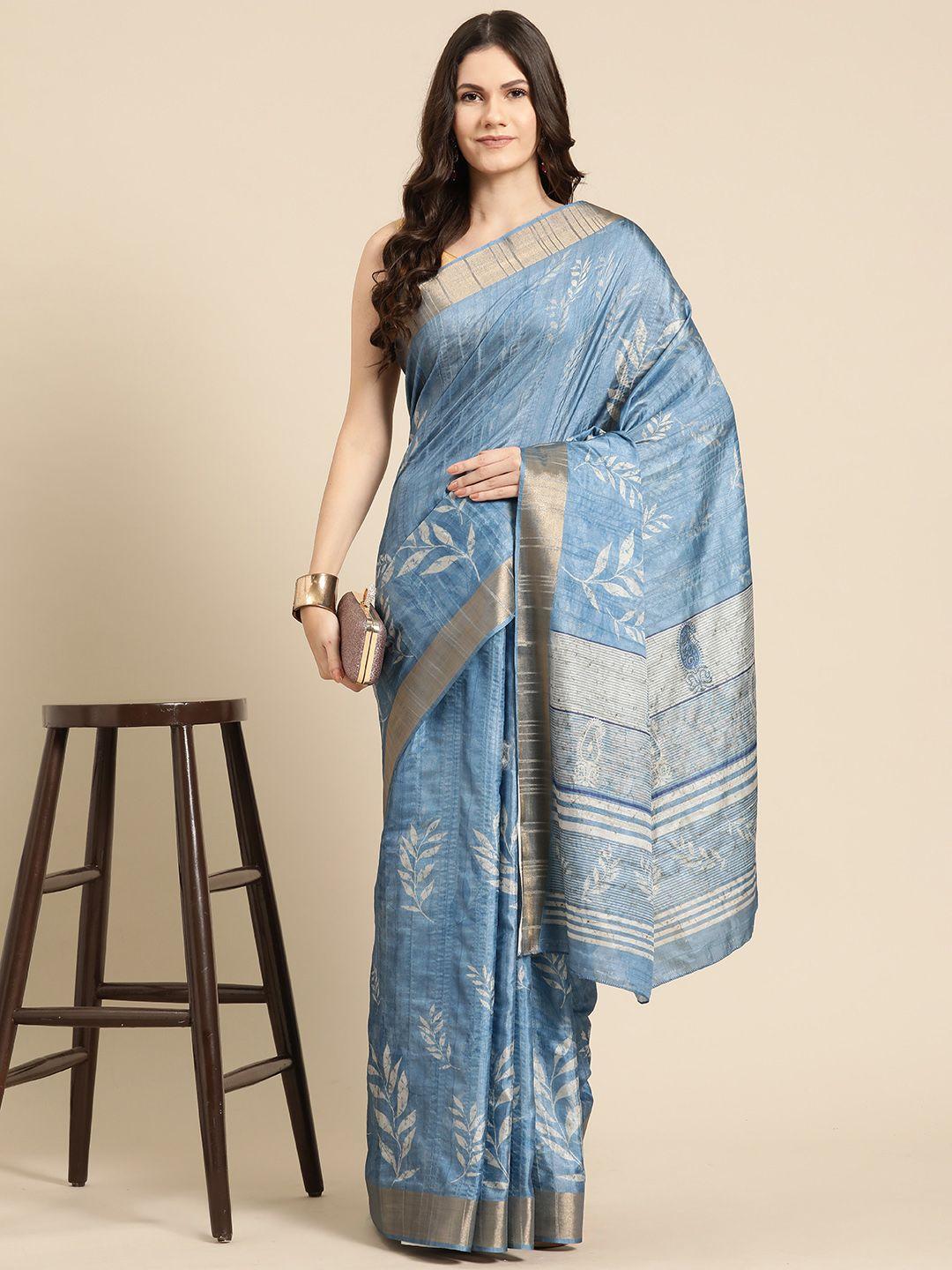 silk land floral printed zari block print saree