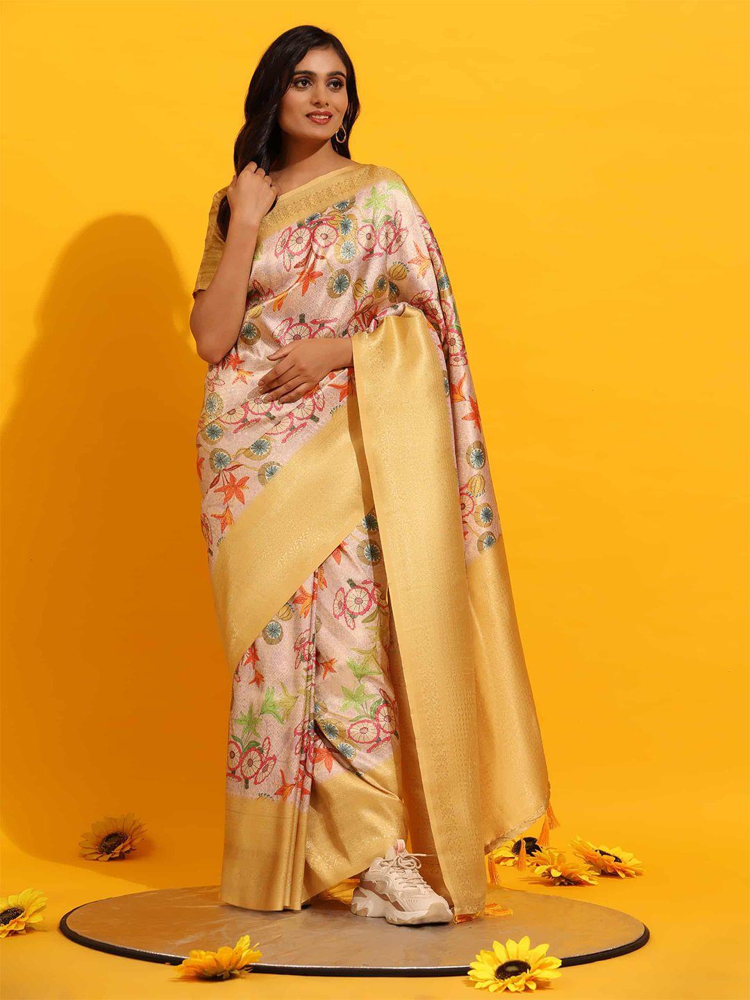 silk land floral printed zari kanjeevaram saree