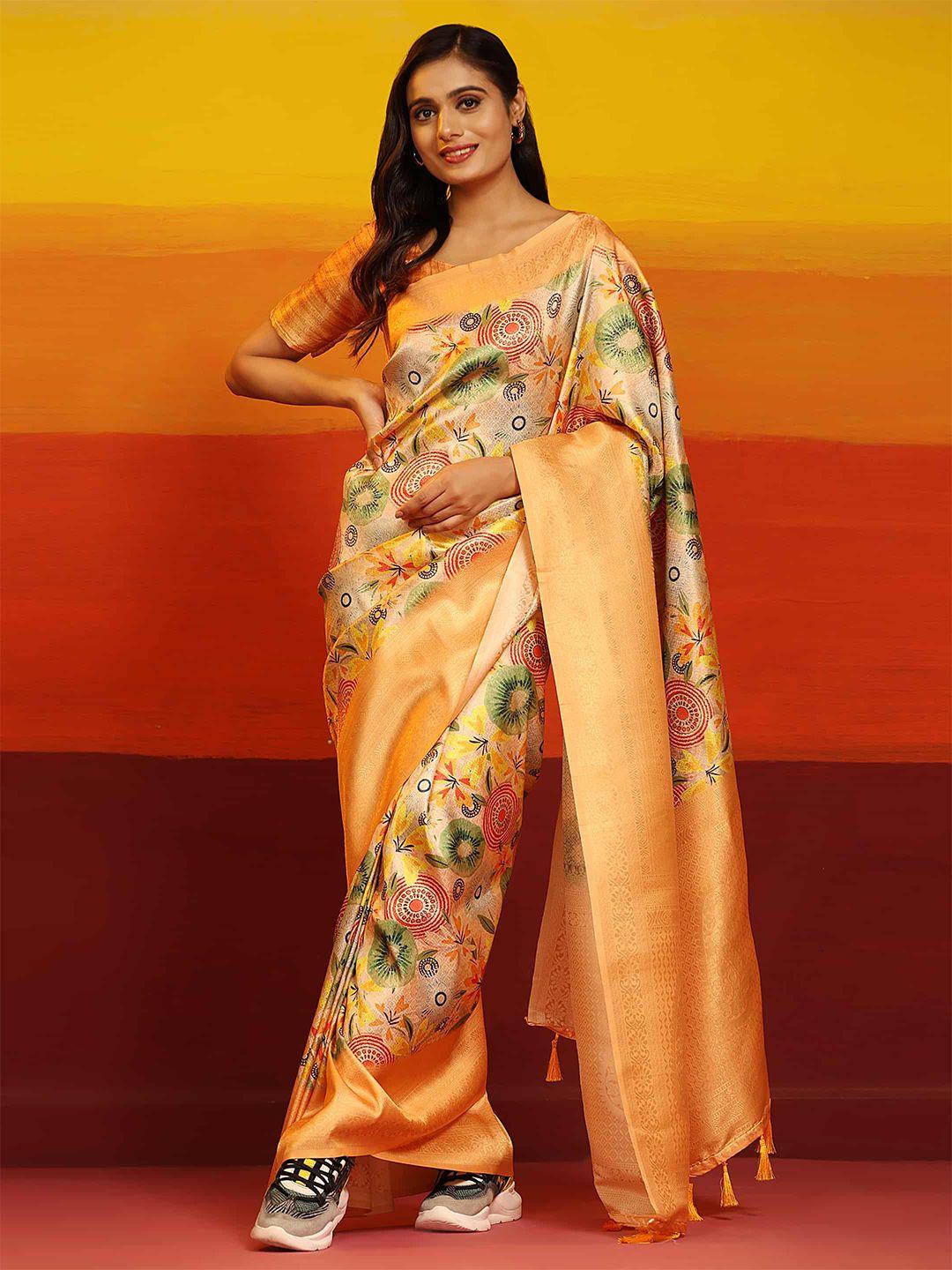 silk land floral printed zari kanjeevaram saree