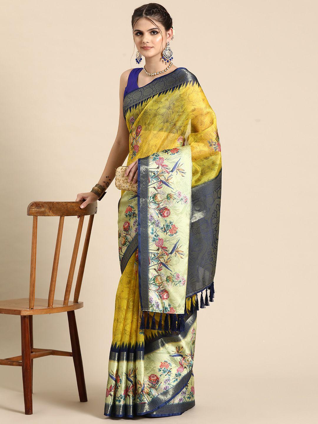 silk land floral printed zari kanjeevaram saree