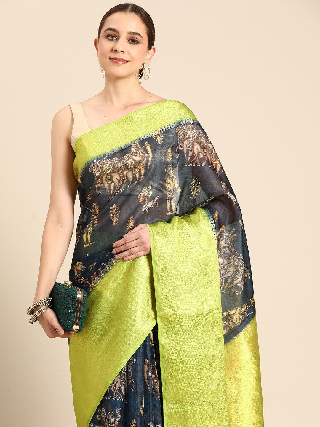 silk land floral printed zari muga saree