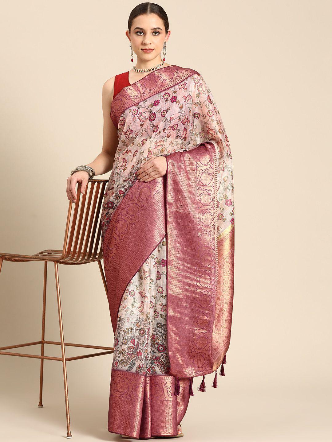 silk land floral printed zari muga saree