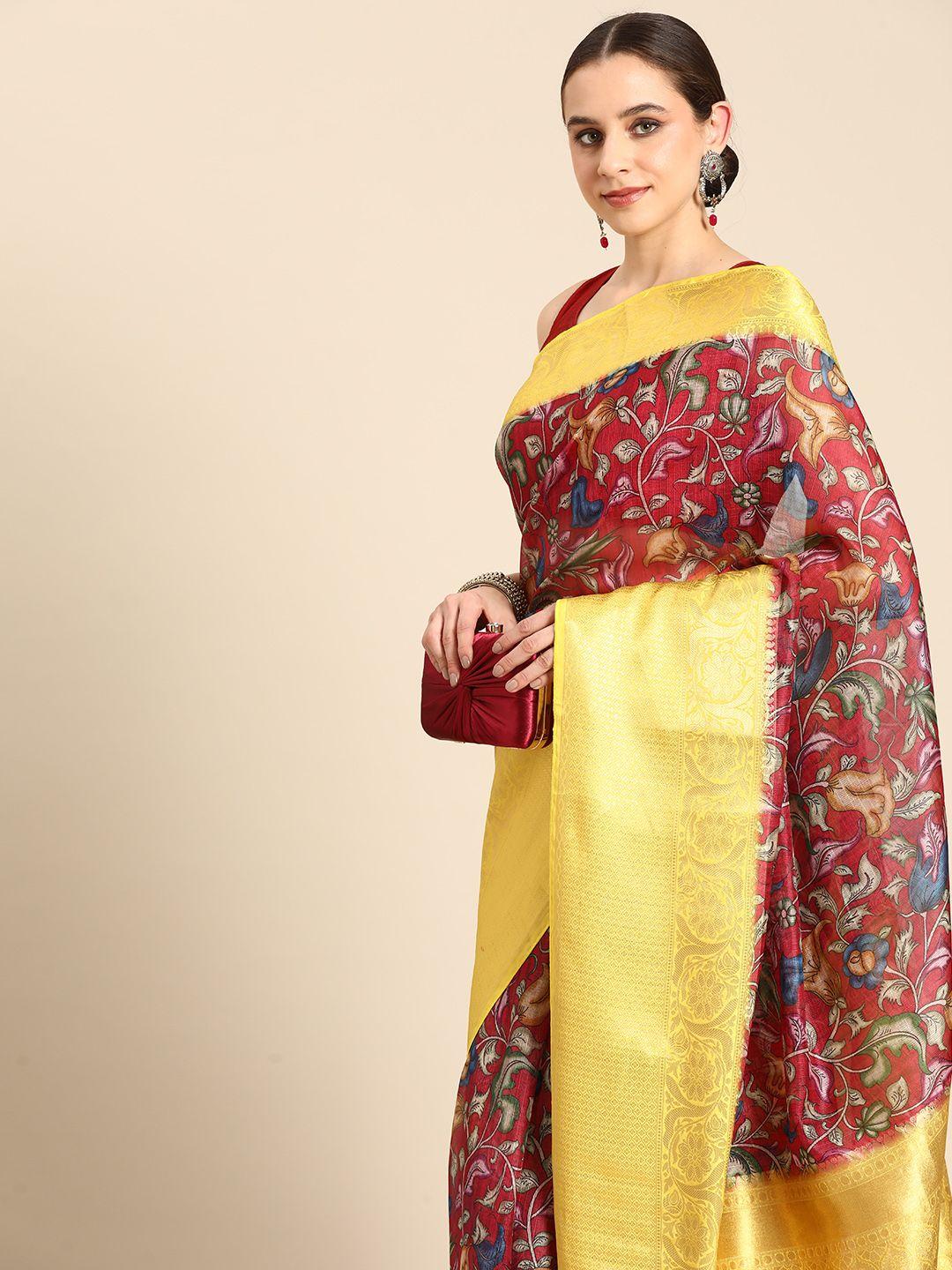 silk land floral printed zari muga saree