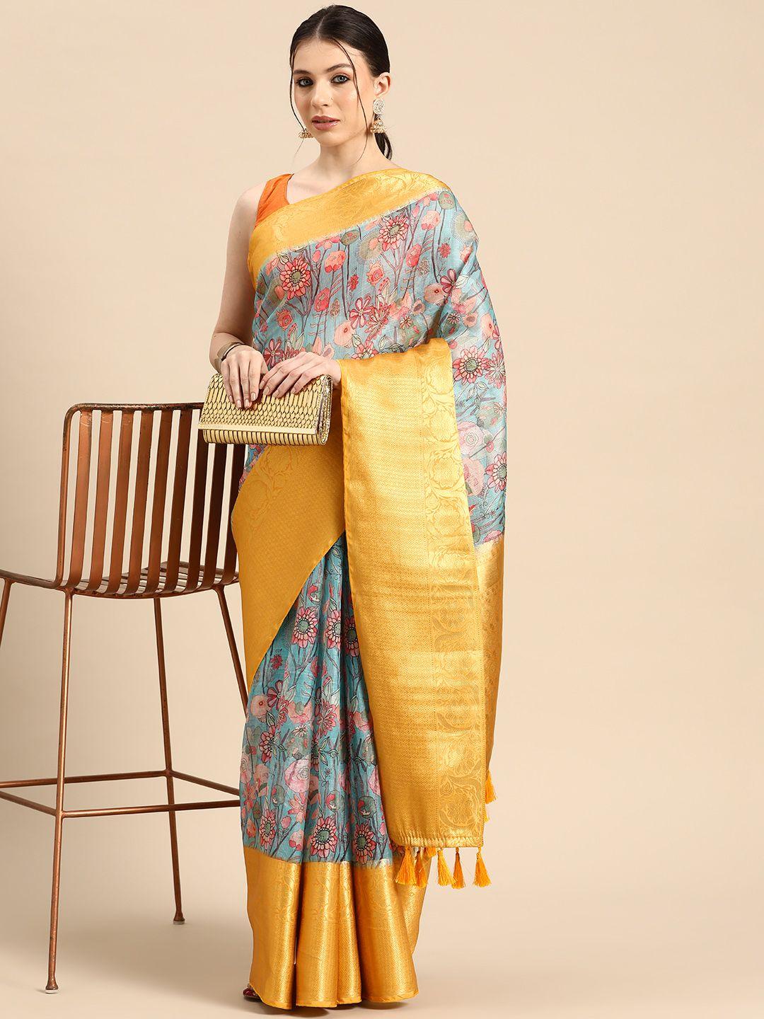 silk land floral printed zari muga saree