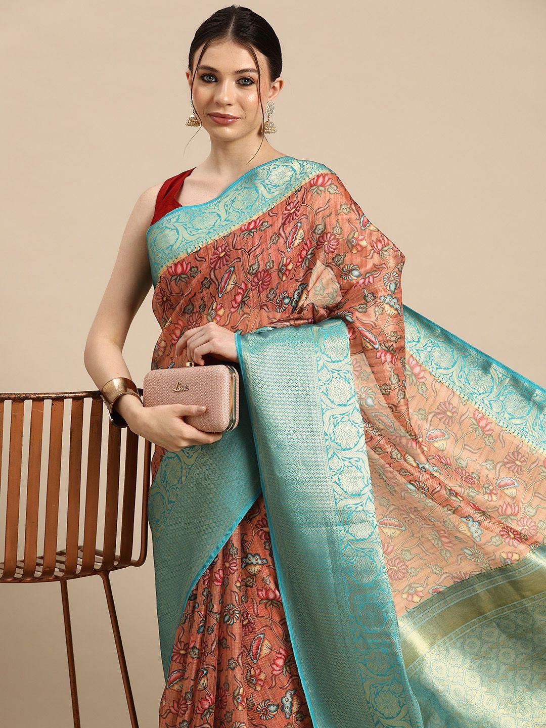 silk land floral printed zari muga saree