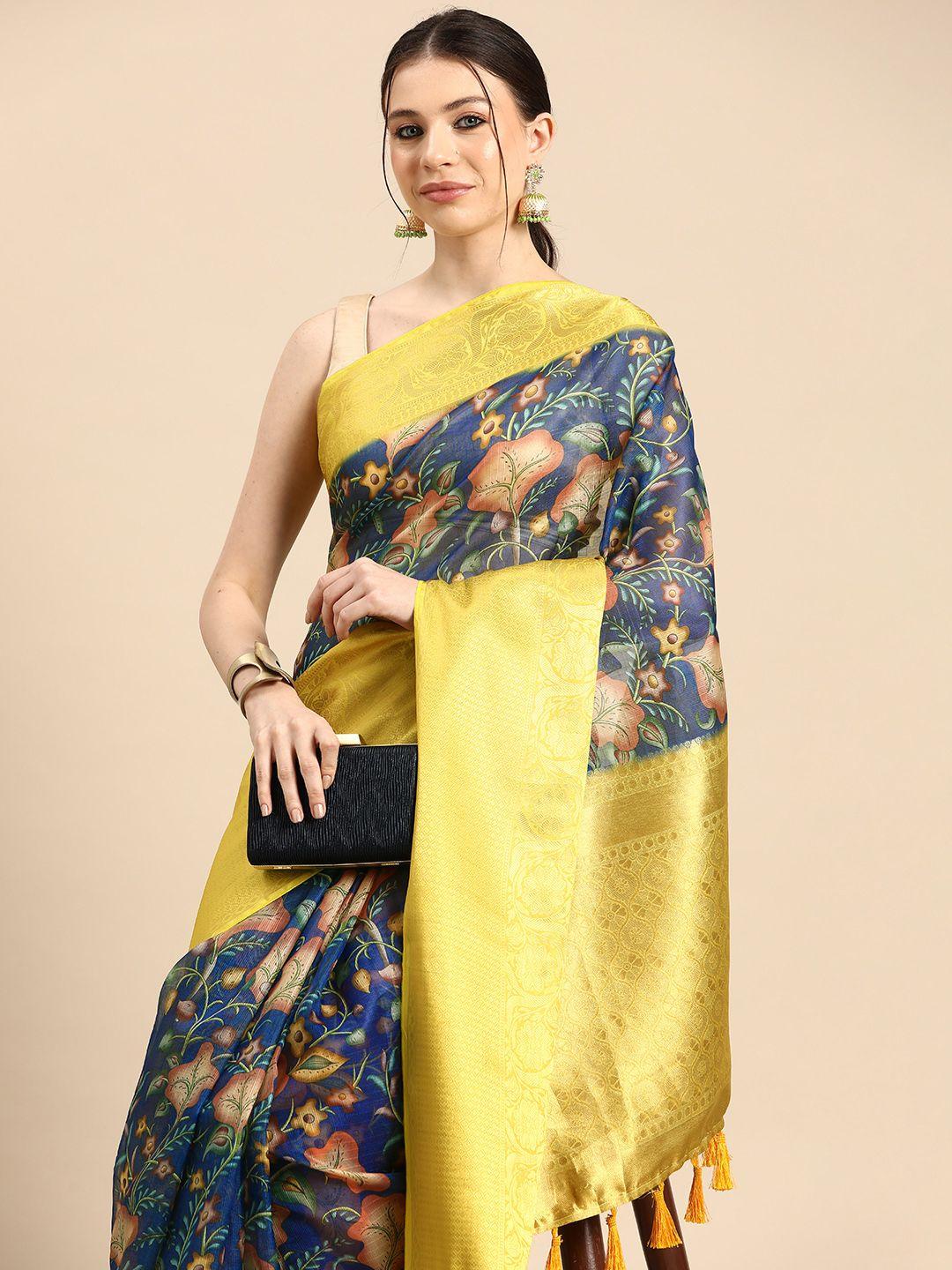 silk land floral printed zari muga saree