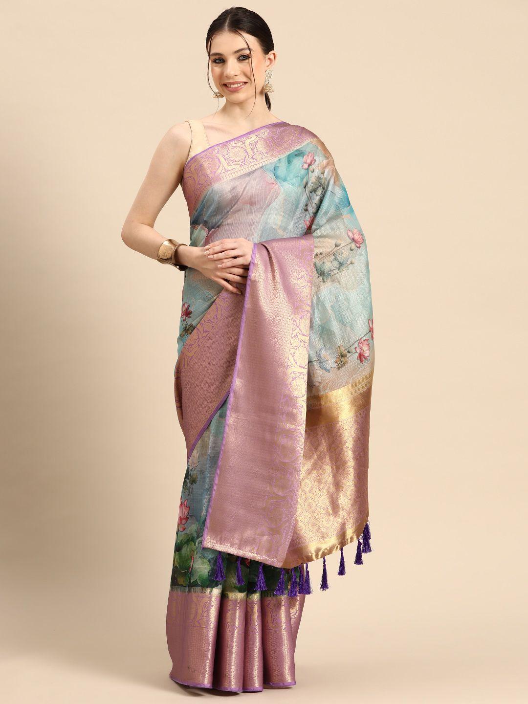 silk land floral printed zari pichwai muga silk saree